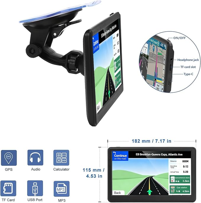 Car GPS Navigation, 7 inch Touch Screen with 2026 Map, Voice Turn Direction Guidance, Support Speed and Red Light Warning, Pre-Installed North America Lifetime Map Free Update