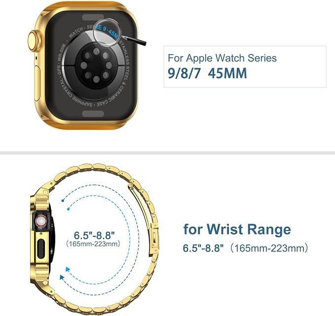 MioHHR Stainless Steel Watch Band with Case Compatible with Apple Watch Series 9/8/7(45mm),Rugged Strap with Metal Protective Bumper Cover for iWatch Band Men(Gold)