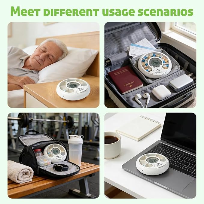 Bluetooth Auto Weekly Pill Organizer with App Alerts & Alarm, Travel Medicine Pill Dispenser with Clear Lid & LCD, Tracks Adherence History, Large Compartment for Vitamins, Supplements, Prescriptions