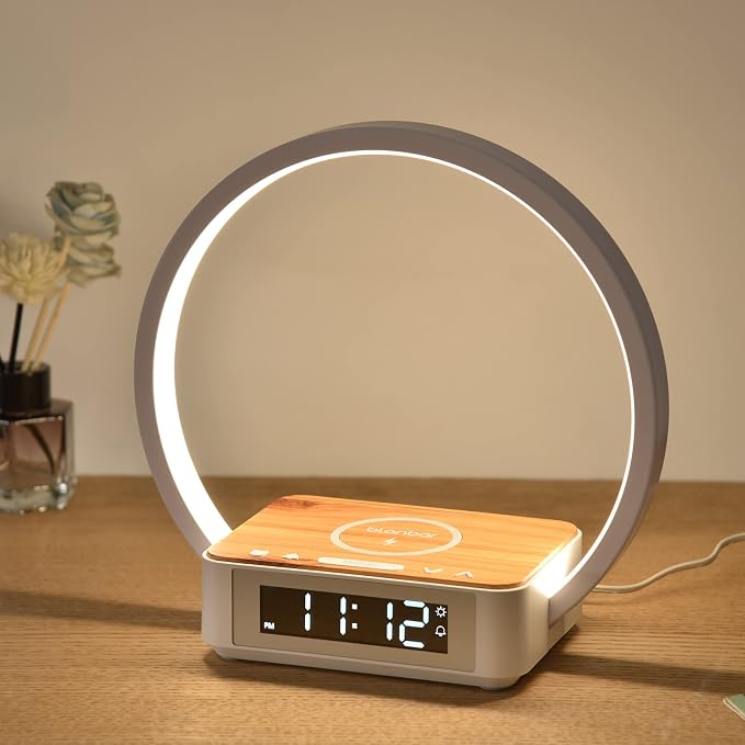 Blonbar Desk Lamp with Alarm Clock Qi Wireless Charger, Touch Lamp for bedroom 3 Light Hues, Bedside Lamp 10W Max Wireless Charging Table Lamp LED Eye-Caring Reading Nightstand Light for Living Room