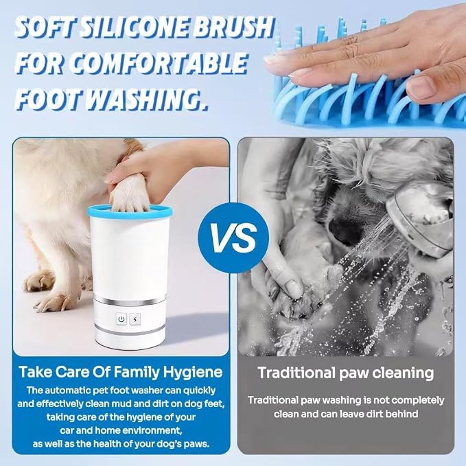 Rechargeable Automatic Dog Paw Cleaner, White - Portable Pet Paw Washer Cup with Soft Silicone Brush, 7.4V High Power, Suitable for Small to Medium Dog and Cat Grooming