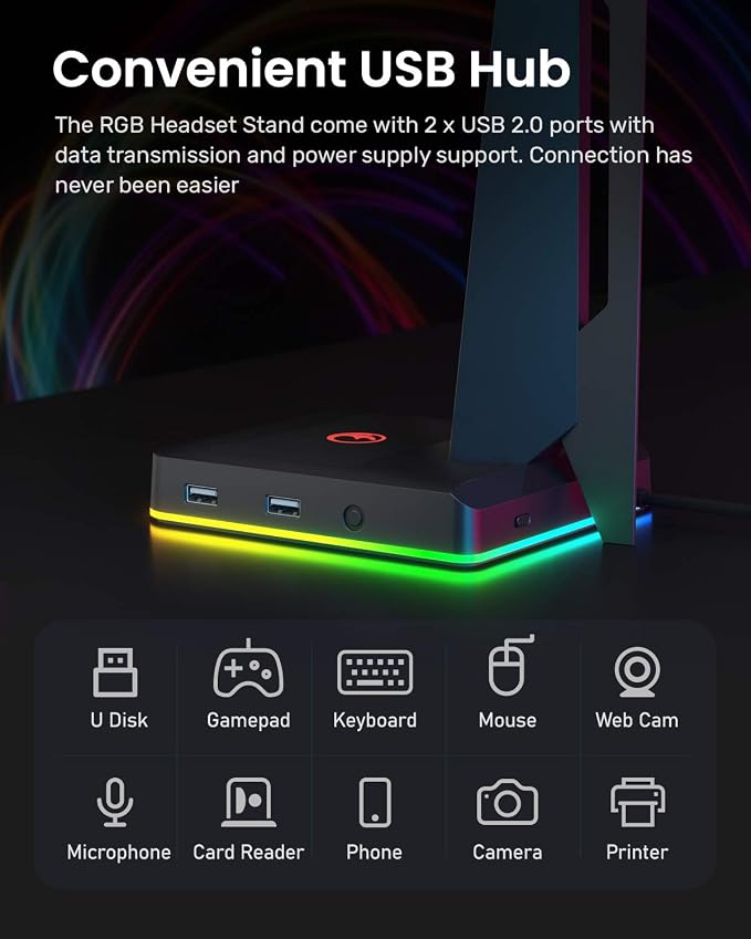 RGB Gaming Headset Stand with 2 USB Ports, Game Headphone Mount for PC, Xbox One, PS4, Switch, Earphone Holder Hanger, Great for Gaming Stations, Fancy Desk Gamer Accessories, Black