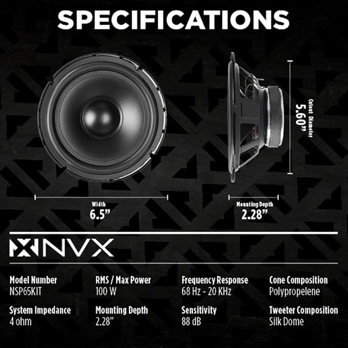 NVX® NSP65KIT 6.5" Car Speakers, 600W Max, 200W RMS, 2-Way Component System w/Silk Dome Tweeters & Passive X-Overs, Easy to Install in Cars/Trucks/Doors (Pair)