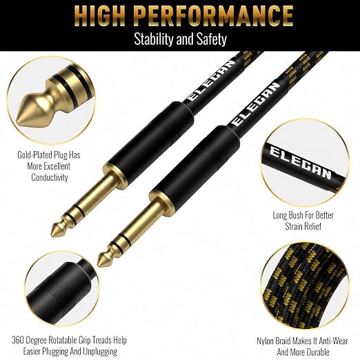 1/4 Inch TRS Instrument Cable 20 Ft, Straight 6.35mm to 6.35mm Male Jack Stereo Audio Interconnect Cord-Gold Plated-Braided-Balanced Line for Electric Guitar Bass+ 5 Ties