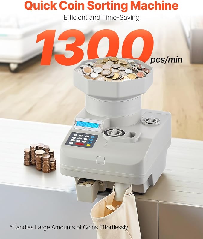 VEVOR High Speed Coin Counter, Professional Coin Sorter with Anti-Jam Tech, 1300 Coins/Min Counting Speed, 11000 Coins Hopper Capacity, Suitable for International Coins and Tokens