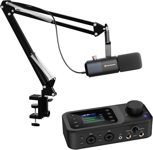 NearStream Podcast Bundle – USB/XLR Condenser Microphone with Boom Arm, and Audio Interface with Dual XLR/6.35mm Inputs