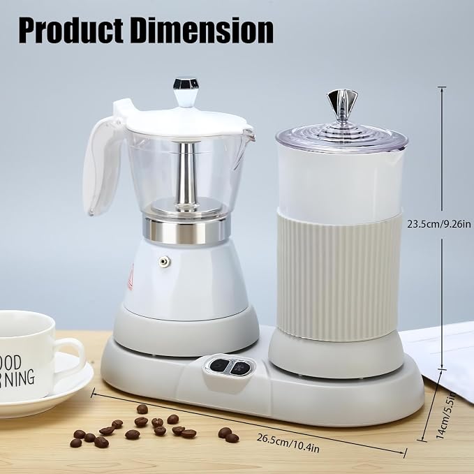 Espresso Maker with Milk Frother Electric Moka Pot 2-in-1 Espress Machine Aluminium One-Touch Operation Milk Froth Fine and Dense White 110V