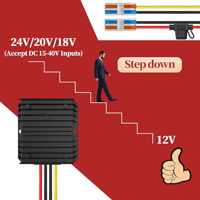 24 Volt to 12 Volt Converter Step Down with Fuse Waterproof and Wire Terminal Block, 24V to 12V Transformer 10A 120W, 18V to 12V Converter for Golf Cart Light Solar System (Accept DC 15-40V Inputs)