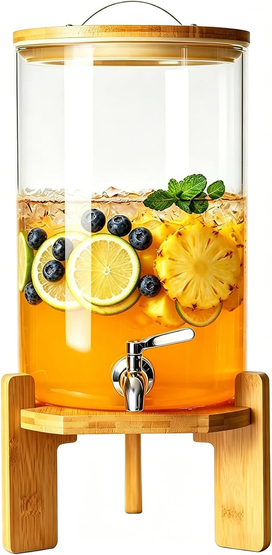 Beverage Dispenser, 2.1Gallon Glass Drink Dispenser with Stand, Stainless Steel Spigot, Ideal for Parties, Bars, Restaurants (8L/2.1 Gallon)