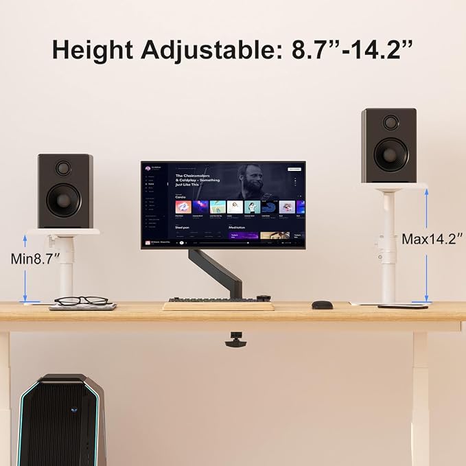 Suptek Free-Standing Speaker Stand Desktop Set, 9.6 x 8.8 inch Trays, Height Adjustment and Tilt, Universal Audio Holders for Computer and Bookshelf Speakers, Elevated Sound, 2 Pack, White, SDM001TW