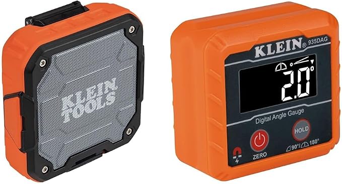 Klein Tools AEPJS2 Bluetooth Speaker with Magnetic Strip and Hook, Rechargeable & 935DAG Digital Electronic Level and Angle Gauge, Measures 0-90 and 0-180 Degree Ranges