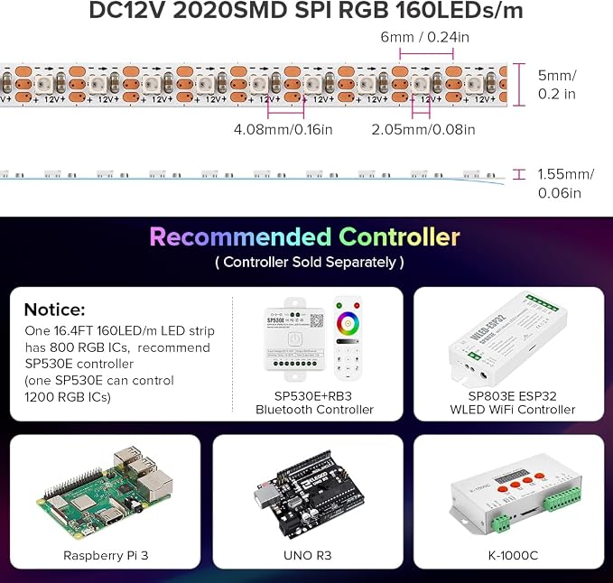 BTF-LIGHTING WS2812B IC RGB 5mm Ultra Narrow LED Strip 2020SMD DC12V Individually Addressable 3.2FT 160Pixels/m 160LED Dream Color Tape Light for Home DIY Decoration IP30 (No Adapter or Controller)