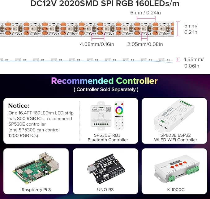 BTF-LIGHTING WS2812B IC RGB 5mm Ultra Narrow LED Strip 2020SMD DC12V Individually Addressable 13.1FT 160Pixels/m 640LED Dream Color Tape Light for Home DIY Decoration IP30 (No Adapter or Controller)
