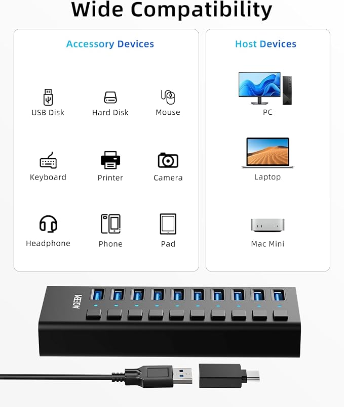 AGEEN 10-Port USB 3.2 Gen 2 Hub, 10Gbps High-Speed Aluminum Powered Hub with 48W Adapter, Individual Switches & Surge Protection for PC/Laptop, Flash Drive, Printer, Camera