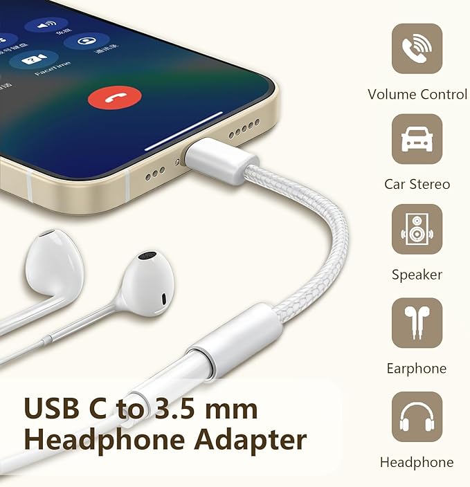 USB-C to 3.5mm Audio Headphone Adapter - HiFi Compatible with Apple iPhone 17 16 15 Galaxy S25 S24 S23 S22 S21 Plus Pro Max Ultra Pixel iPad - Type C to Aux Cord Jack Dongle Nylon-Braided (5 Pack)