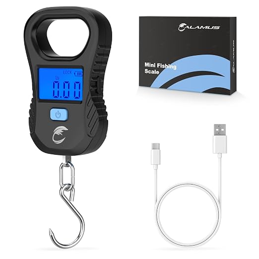 Calamus Lightweight Fish Scale – Rechargeable Digital Scale with USB Cable, 55lb Capacity, Multi-Units Pound/Ounces & Kilograms, High Accuracy, Backlight LCD Display, Fishing Gifts for Men