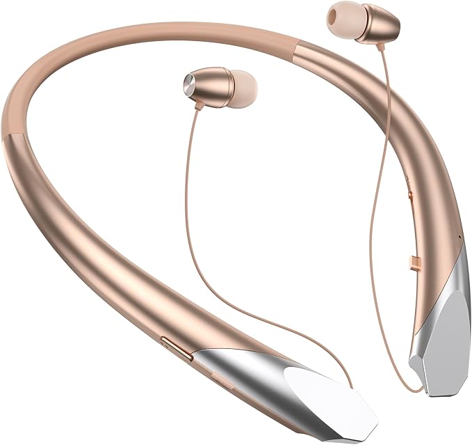 Bluetooth Headphones Retractable Neckband, Bluetooth Headset Wireless Earbuds with Microphone Vibration Call, Stereo Noise Cancelling Earphones (Rose)