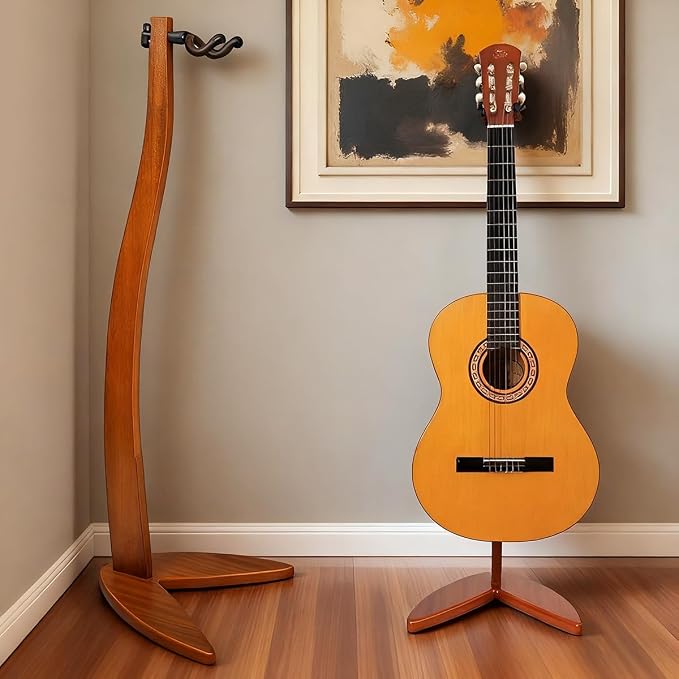 MUSO Guitar Bass Hanger Stand, Solid Wood Bow Holder Mermaid Shaped for Display and Storage, 42 inches Height Anti-scratched and Anti-bump, Deorate Studios, Living room and Stage (Sapele, 1)