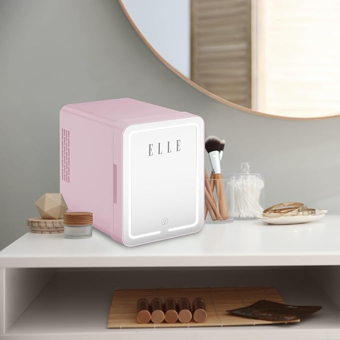 ELLE 4L Mini Cooler Fridge with LED Makeup Mirror for Skincare & Cosmetic Storage Cooler & Warmer Removable Shelf Carrying Handle AC DC Power Options Small Refrigerator for Bedroom Car Office Pink