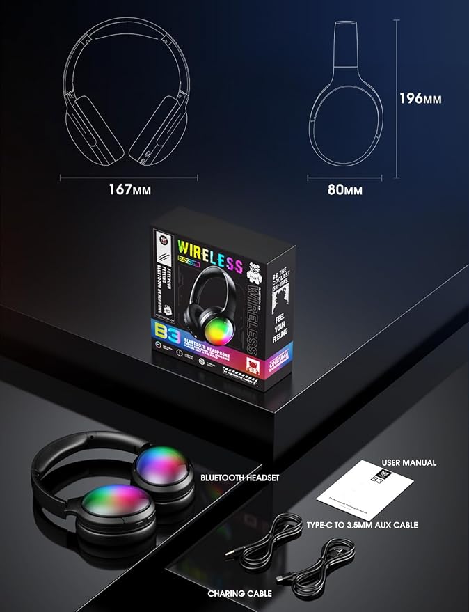 Bluetooth Headphone with Cool RGB Light, Foldable Lightweight Wireless Over Ear Headphone, 90° Rotatable Earcups, HiFi Stereo with Deep Bass Audio for Travel, iPad Cellphone Laptop PC