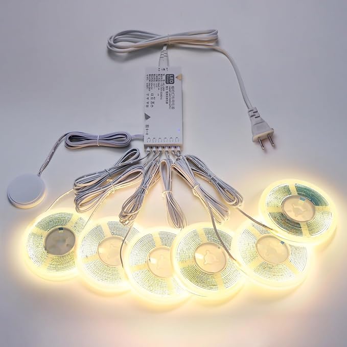 Cabinet Light COB LED Strip Lights 6-in-1 Dimmable Touch Control for Display Cabinets, Wardrobes, Kitchen, Wine Cabinets, Showcase & Shelf Lighting (Warm Light, 6.6ft)