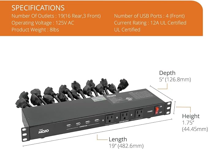 Tecmojo 1U Rack Mount 19 Outlet PDU Power Distribution Unit Circuit Breaker fits 19-inch AV/Network/Server Cabinet/Closet/Enclosure