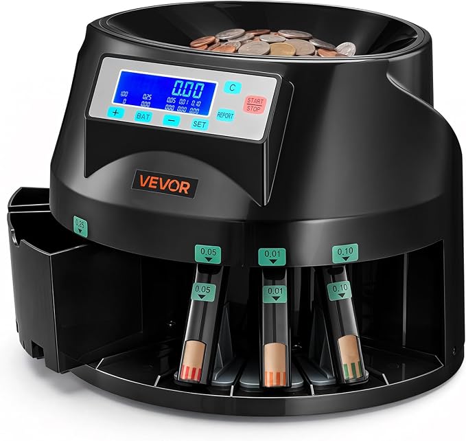 VEVOR Coin Counter Machine, 5 Denominations, Accurate Coin Sorter Machine, Sorts Up to 225 Coins Per Minute, USD Change Counter with LCD Display, Smooth Operation, Batch Feature, Holds 1500 Coins