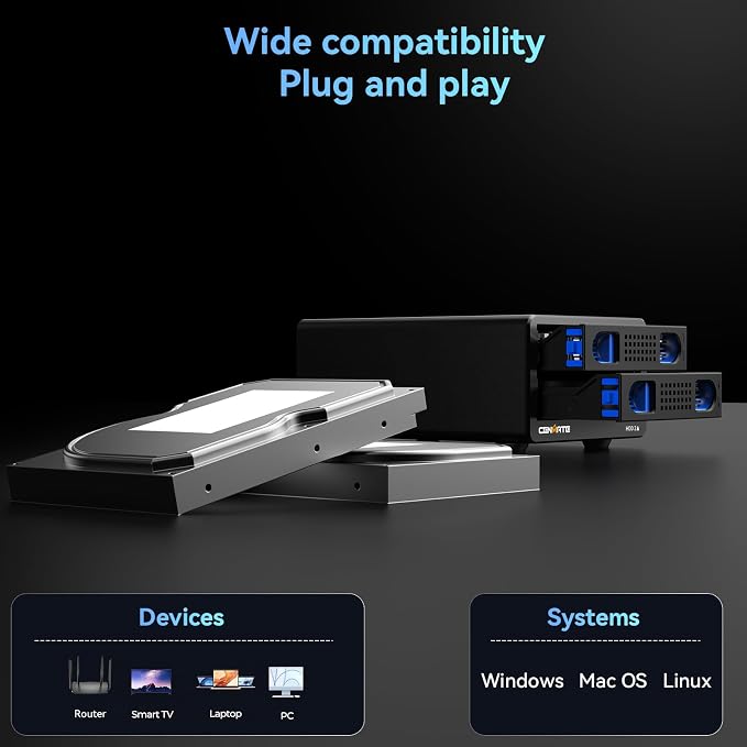 CENMATE Aluminum 2 Bay 10Gbps Hard Drive Enclosure with Cooling Fan for 2.5“/3.5" SATA HDD/SSD with USB A/C 3.2 Gen 2, Support Hot Swappable, Tool-Free HDD Enclosure, DAS(NO RAID/NAS)