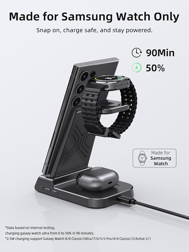 Wireless Charger for Samsung Charging Station: 3 in 1 Android Charging Stand with Dimmable Clock - Nightstand Organizer for Galaxy S25 Ultra, Galaxy Watch 8 7 6 5 4, Galaxy Buds (Not for iWatch)