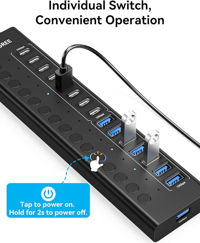 Powered USB Hub 3.2 Gen 2, VANGREE 16 Ports USB Hub (8 USB-A 3.2+8 USB-C 3.2), 10Gbps Aluminum Multiport Expansion Hub with 96W Power Adapter for PC Laptop HDD SSD Flash Drive