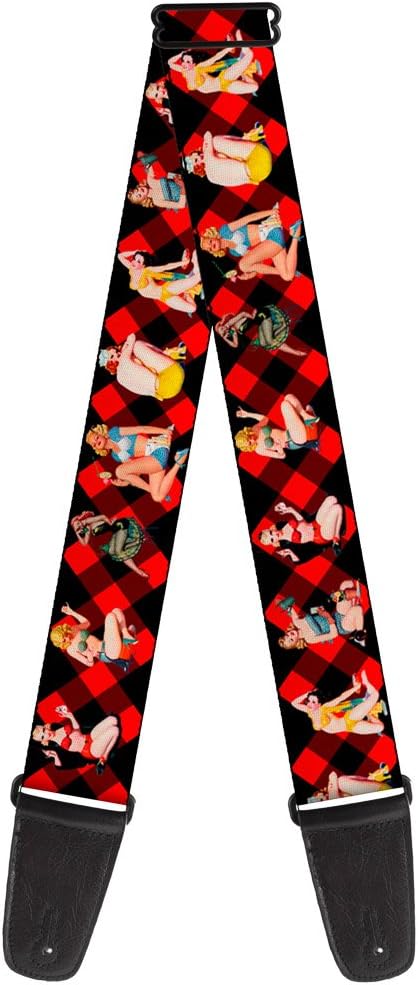 Buckle-Down Guitar Strap Pin Up Girl Poses Buffalo Plaid Blocks Black Red 2 Inches Wide