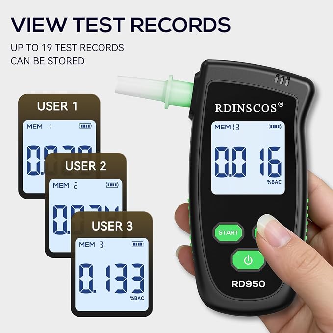 RDINSCOS Fuel Cell Breathalyzer with Active Pump Sampling Alcohol Tester | Rechargeable, Fast Accurate BAC Detector, Includes 5 Food-Grade Mouthpieces, Personal Safety Use