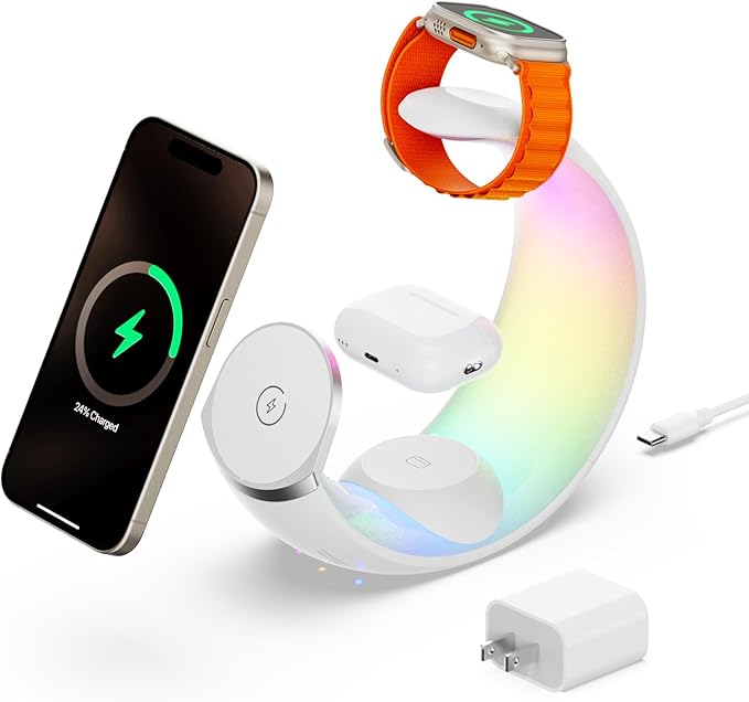 3 in 1 Charging Station for Apple Magnetic Wireless Charger for iPhone 16 15 14 13 12 11 9 8 All Series with RGB Night Light & for Apple Watch Charger & for AirPods 4 with ANC/3/2/Pro
