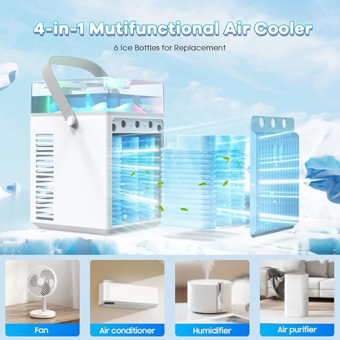 Portable Air Conditioner Fan, Rechargeable 5-IN-1 Personal Mini Cooler Humidifier, 3-Speed Evaporative Air Cooler with 7 Color Lights, Cordless AC Desktop Spray Fan, Quiet Desktop (White)