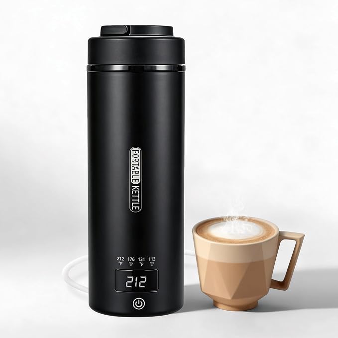 Travel Electric Kettle Small, Smart Water Bottle with 4 temperature control, 450 mL Portable Self Heating Kettle with Leak-Proof for Dormitories, Offices, Business Travel Hotels, 120V