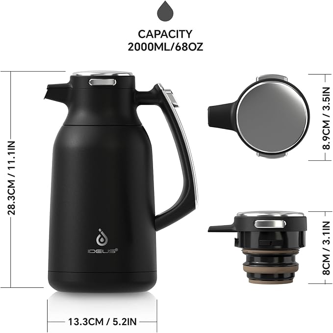 IDEUS Thermal Coffee Carafe, Stainless Steel Double Wall Insulated Vacuum Flask, Water Jug Coffee Server and Beverage Dispenser, Heat and Cold Retention (Black, 68, Fluid Ounces)