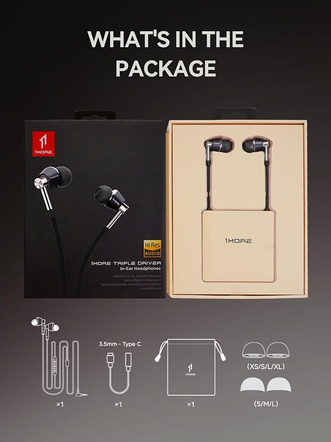 1MORE Triple Driver in-Ear Earphones Hi-Res Headphones with High Resolution, Bass Driven Sound, MEMS Mic, in-Line Remote, High Fidelity for Smartphones/PC/Tablet - Silver