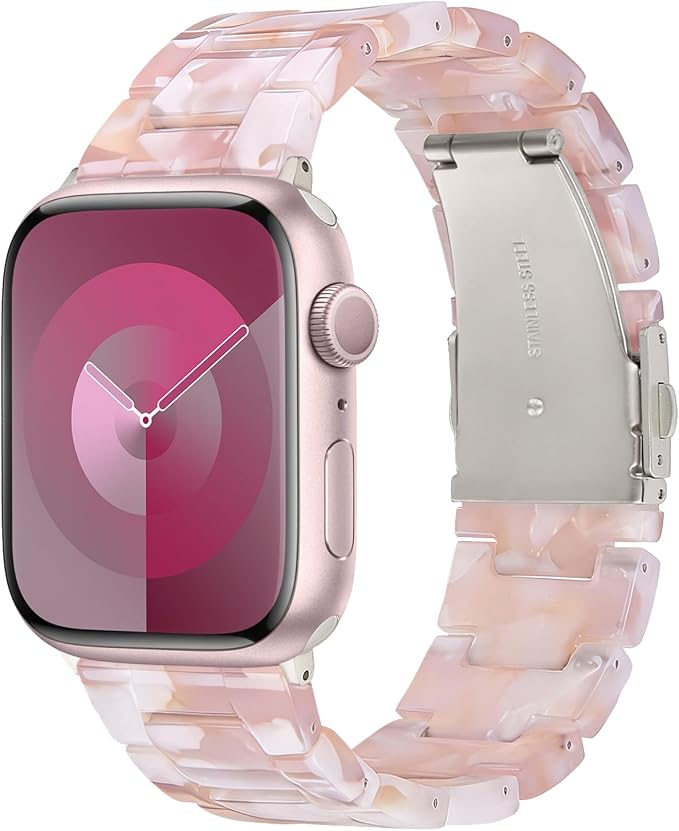V-MORO Resin Bands Compatible with Apple Watch Series 11/10/9/8/7 Band 45mm 46mm Starlight Buckle Lightweight Fashion Fancy Strap Bracelet for iwatch Series SE/6/5/4/3/2/1(Floral Pink,42/44/45/46/49mm)