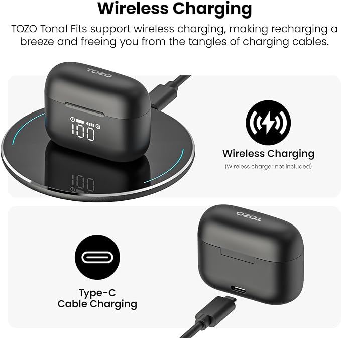 TOZO T21 Wireless Earbuds Bluetooth 5.3 in Ear Headphones Dual Mic Call Noise Cancelling IPX8 Waterproof 44H Playback Stereo Sound with LED Display Wireless Charging Case 32 EQs via APP Black