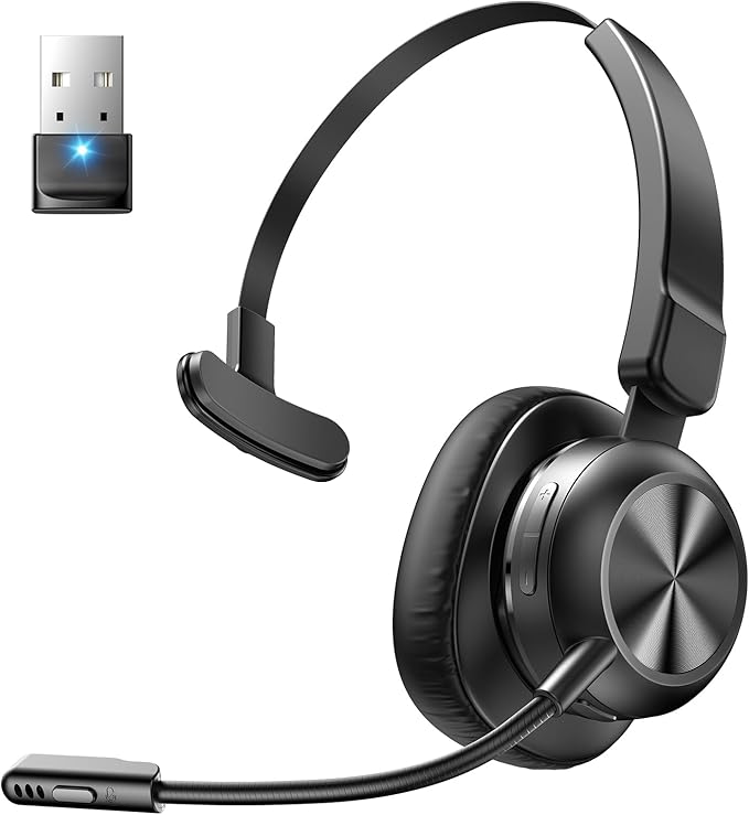 Bluetooth Headset with USB Dongle, Trucker Bluetooth Headset with AI Noise Cancelling Microphone & Mute Button, 50Hrs Single Ear Wireless Headphones for Truck Driver Phone Computer PC Office Work