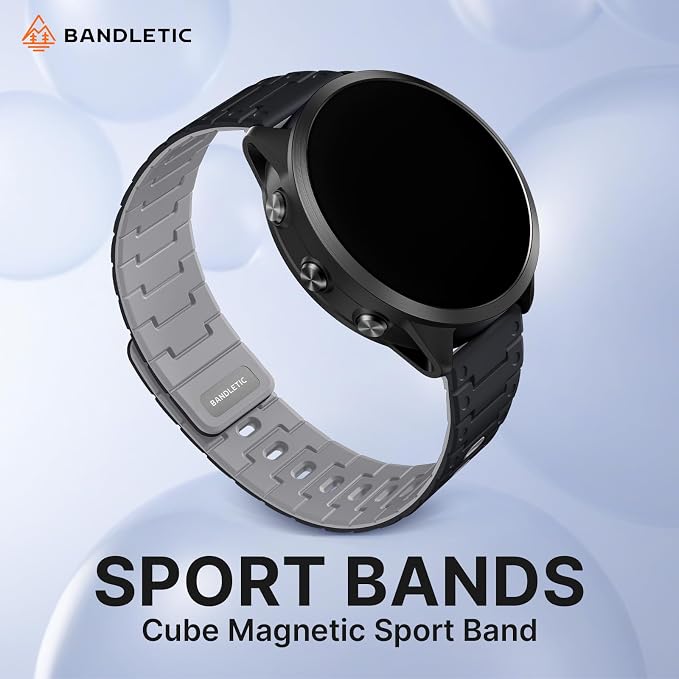 Bandletic 22mm Magnetic Watchband, Quick Release Rugged Silicone Watch Strap Compatible with Garmin Forerunner 265 Watch Band, Soft Smartwatch Wristband Replacement Straps for Men Women, Black/Gray