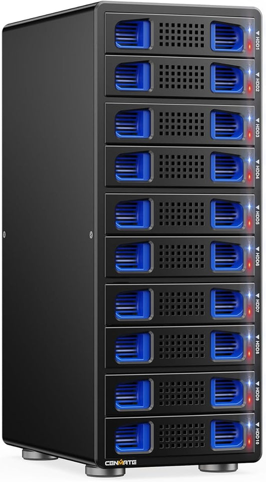 CENMATE Aluminum 10 Bay Hard Drive RAID Enclosure with Cooling Fan for 2.5/3.5" SATA HDD/SSD with USB A/C 3.0＋eSATA Cable, 3.5 Hard Drive Enclosure Supports 160TB Capacity, 8 RAID Modes, DAS(NO NAS)