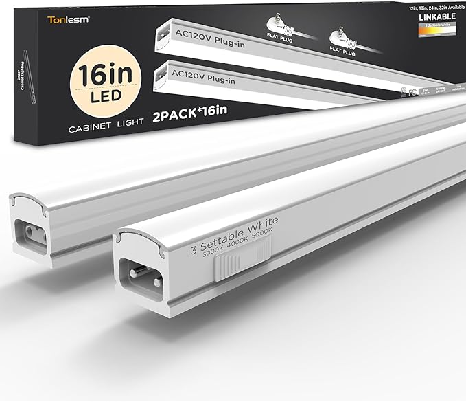 Under Cabinet Lighting Plug in 16in 2Pack AC120V 3CCT 3000/4000/5000K, Super Bright,Linkable Under Counter Lights for Kitchen, Ultra Slim LED Cabinet Light,ETL White
