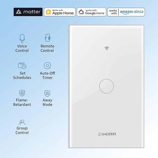 Smart Matter Light Switch, 2.4G WiFi Touch Wall Switch (Neutral Wire Required), Single-Pole Smart Switch Works with Apple Home, Alexa, Google Home & SmartThings, Tempered Glass Panel, White