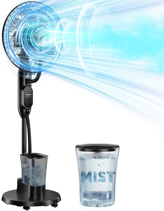 Misting Fan, 16'' Standing Fan with Humidifier, Oscillating Fan with 3 Winds 9 Speeds, Ultrasonic Humidifier for Bedroom/Living Room/Office, 0.5-7H Timer for Daily Indoor Cool