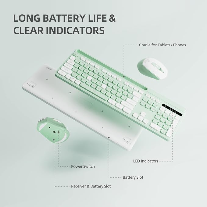 Green Wireless Keyboard and Mouse Combo, 2.4G Ergonomic Wireless Computer Keyboard with Phone Tablet Holder, Silent Mouse with 6 Buttons, Compatible with MacBook, Windows(KM-239W-GNWH)