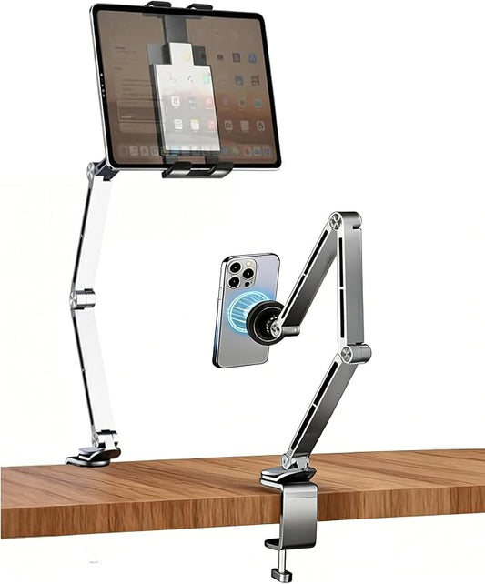 2-in-1 Tablet Stand for Desk, with Clamp & Magnetic Ring Head, Aluminum Foldable Holder Arm with 360°Rotatable Adjustable Base, Clamp Mount for 4"-12.9" Tablets, Phones Devices