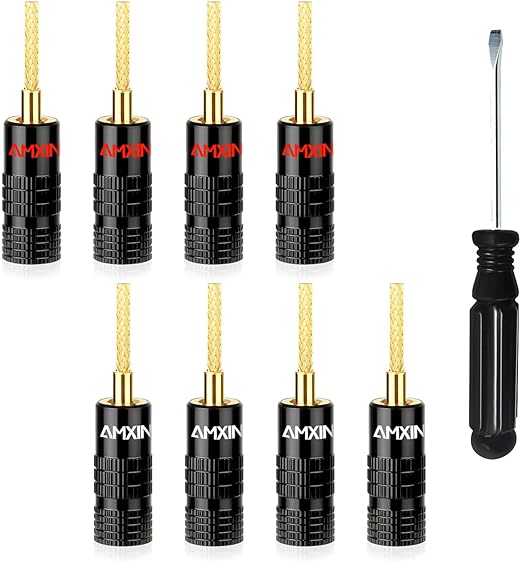 Flex Pin Banana Plugs for Spring Loaded Speaker Terminals, 4 Pairs / 8 Pieces Gold Plated Plugs for Speaker Wire, Wall Plate, Home Theater, Audio/Video Receiver, and Sound Systems