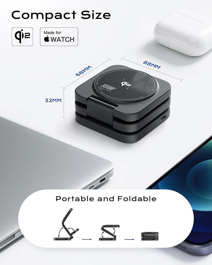 Qi2 MFi 3 in 1 Charging Station for Apple, Travel Magnetic Wireless Charger Stand for iPhone 17 Pro Watch and for Airpods, MFi and Qi2 Certified & 30W GaN Adapter Included (Hypervolt Black)