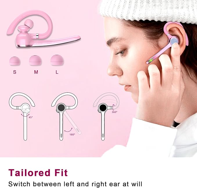 HEIBAS Bluetooth Headset, Wireless Bluetooth Earpiece with 500mAh Charging Case 72 Hours Talking Time Built-in Microphone for iOS Android Cell Phone, V5.1 Hand-Free Headphones for Trucker, Office-Pink